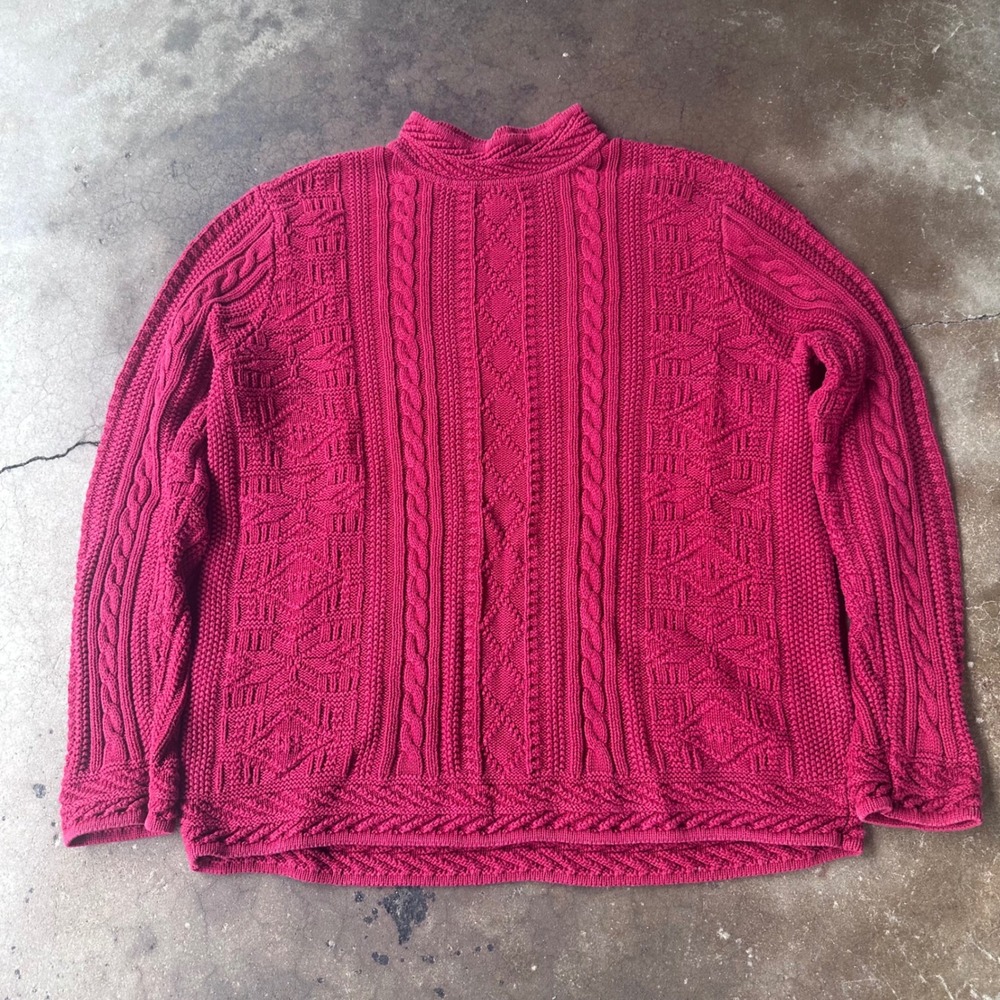 LL Bean Cable Knit Sweater Womens Large Magenta Pink Excellent Mock Neck Cotton
